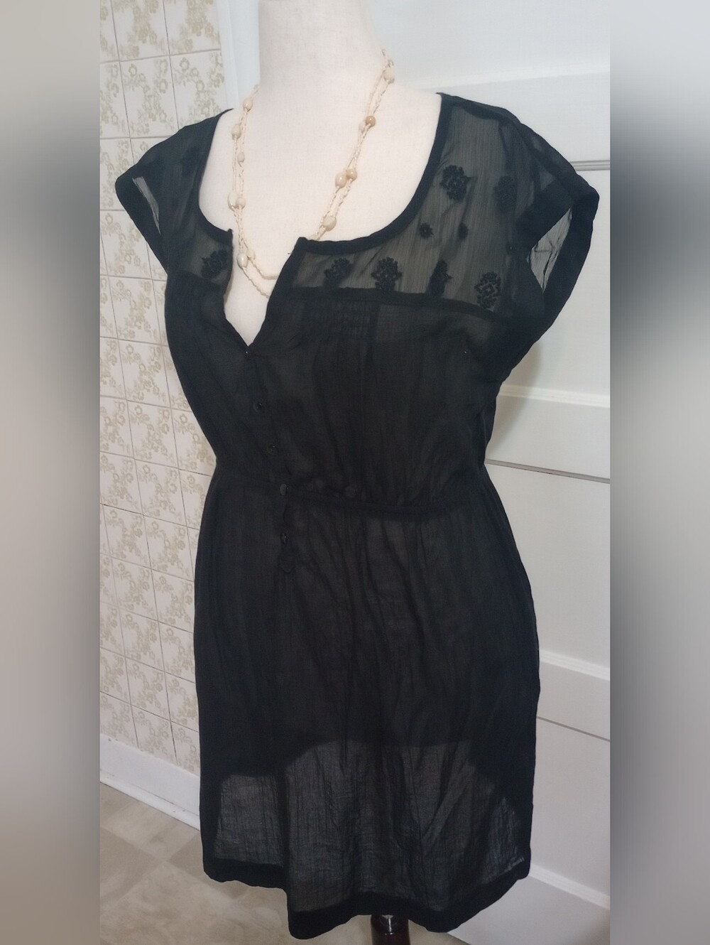 American Eagle Outfitters Black Sheer Button-Front Midi Dress
